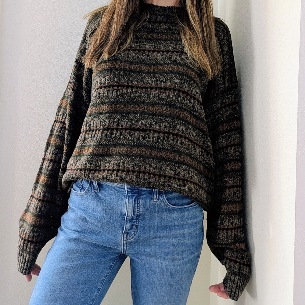 Vintage Abstract Geometric Marled Crewneck Sweater In Heather Gray/Tan